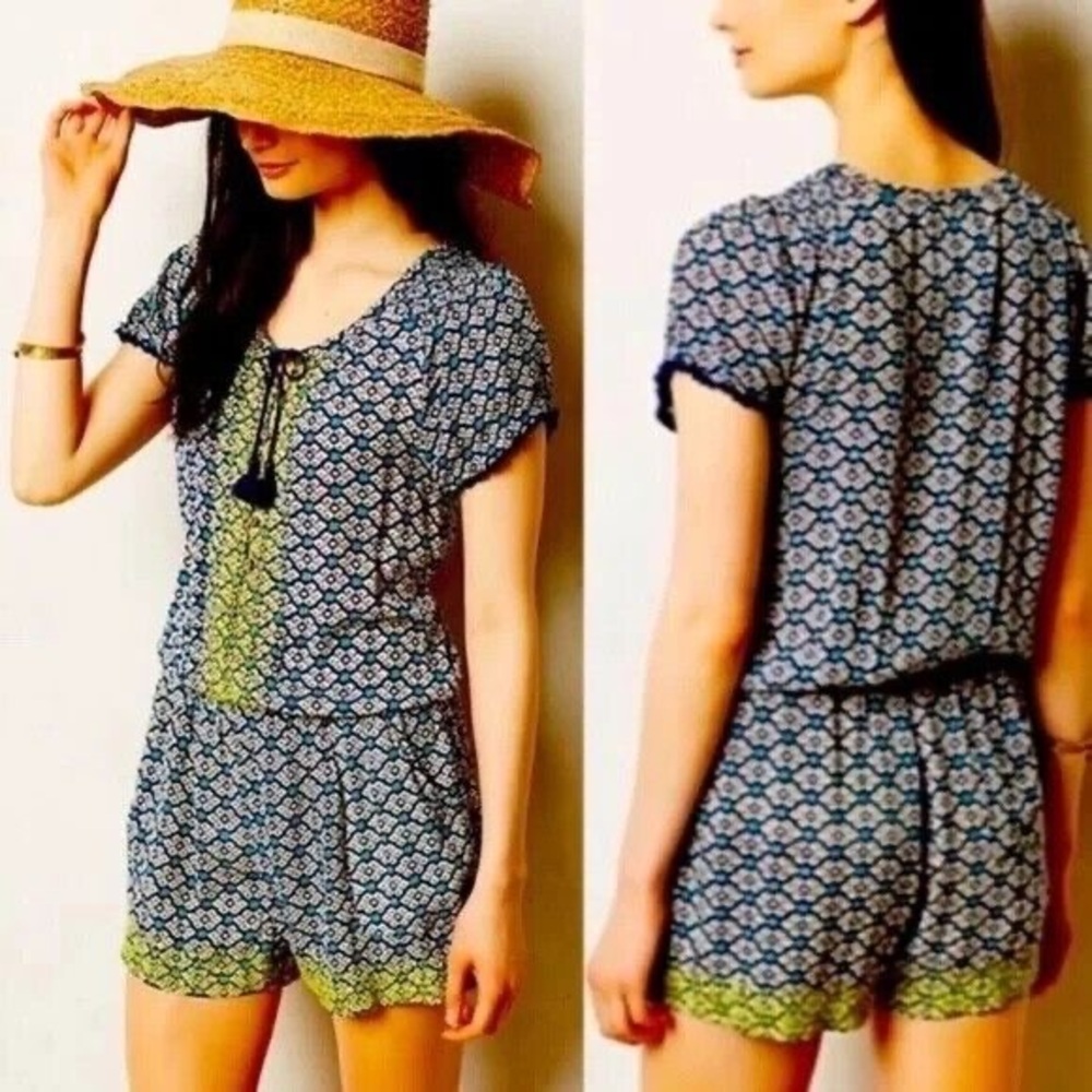 Anthropologie Lilka blue cream weekend romper with yellow/green embroidery
